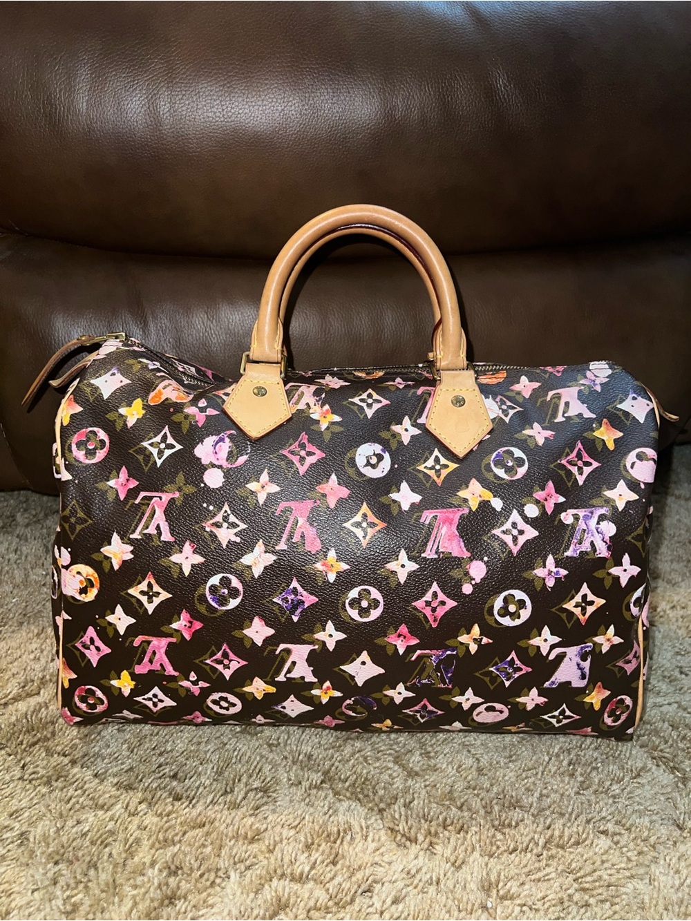 Louis Vuitton Brown Watercolor Aquarelle Speedy 35 Canvas - Picture 2 of 10